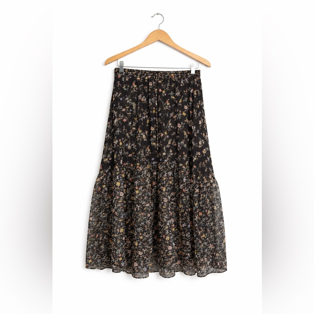 Ralph Lauren Black Floral Tiered Maxi Skirt with Multicolor Print